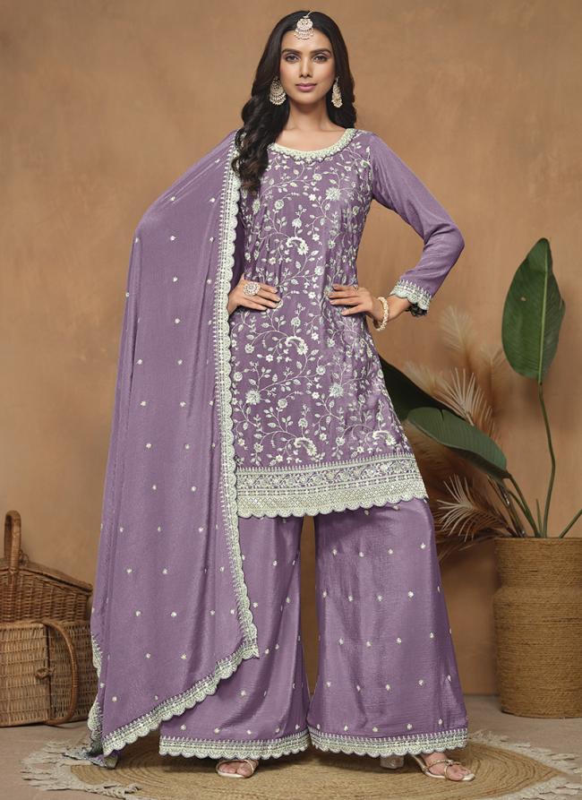 Chinnon Purple Wedding Wear Sequins Work Plazzo Suit